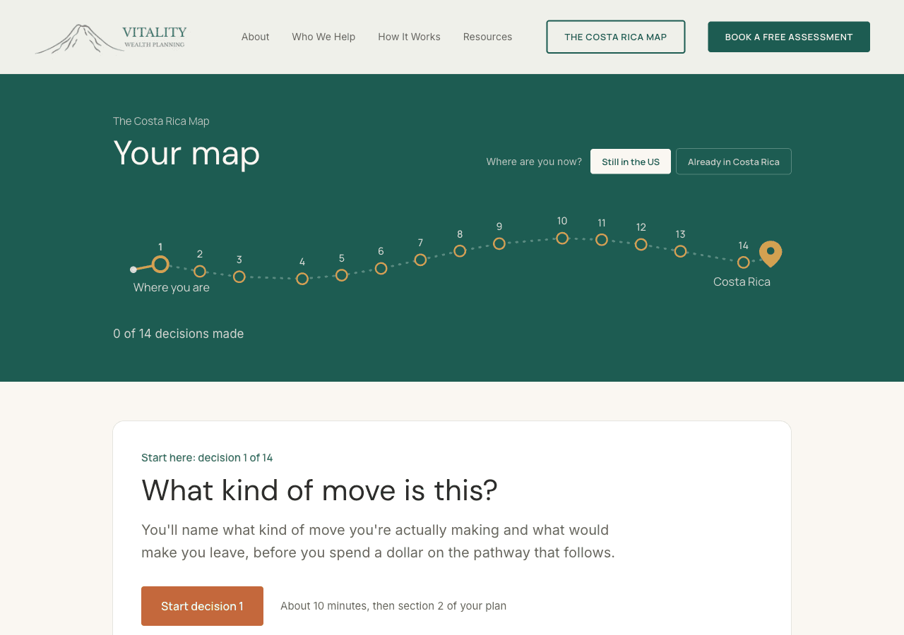 The map's home screen with the route through the decisions and the next one to make